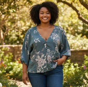 torrid Teal Floral Button-Front Top